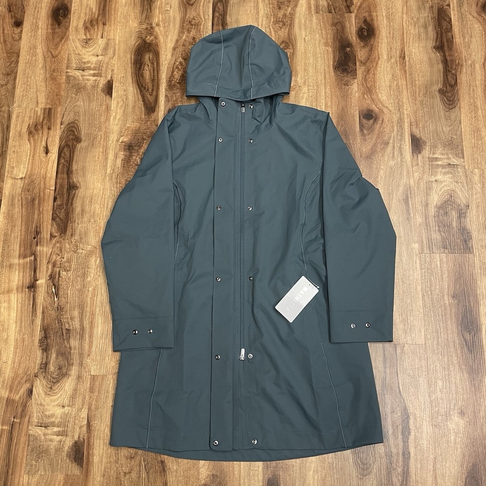 Athleta Rainout Sutro Ridge Long Trench Jacket Womens XL Blue Hooded Rain Coat